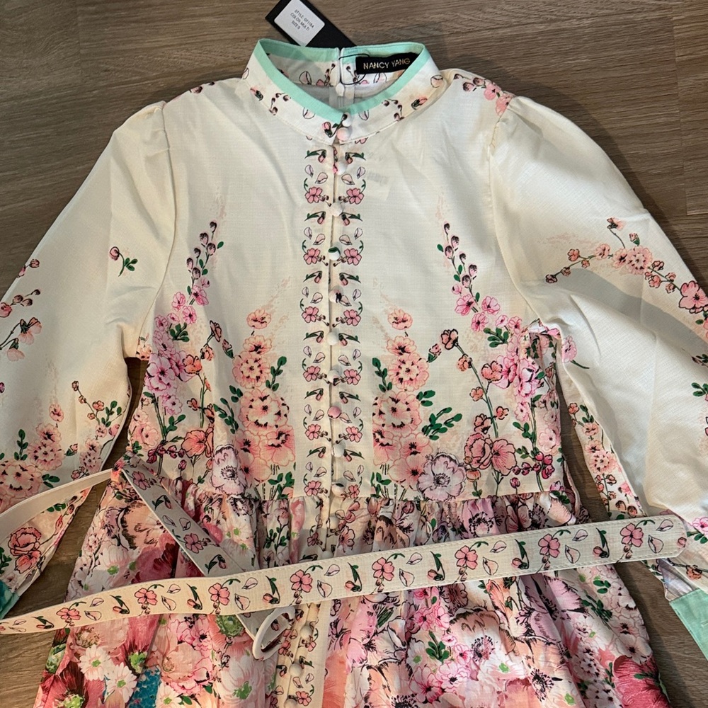 Floral Button-Front Midi Dress with Matching Belt - NEW WITH TAGS